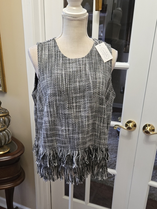 Mud Pie Tops - Mud Pie Black & White Tweed 2 Row Fringe Hem Sleeveless Top Fully Lined Sz L NEW